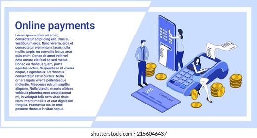 Online payments.Banking and money payments and transfers.An illustration in the style of the landing page is blue.