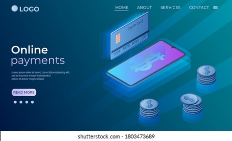 Online payments.E-wallet concept.Online payments using a smartphone.The template of the landing page.Isometric vector illustration.