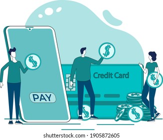 Online payments.Money transfers using a smartphone.People send money from their smartphone to a credit card.Flat vector illustration.