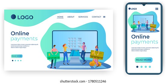Online payments.People with credit cards on the background of a computer with a terminal.The concept of fast money transfers.Template for landing pages and adaptations for smartphones.