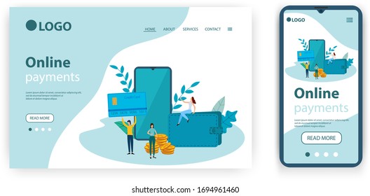 Online payments.Template for the user interface of the website's home page.Landing page template.The adaptive design of the smartphone.vector illustration.