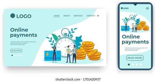 Online payments.Template for the user interface of the website's home page.Landing page template.The adaptive design of the smartphone.vector illustration.