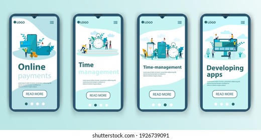 Online payments,Time management ,Application Development.A set of UI , UX interfaces for smartphone screens.Features of adaptive design.Flat vector illustration.