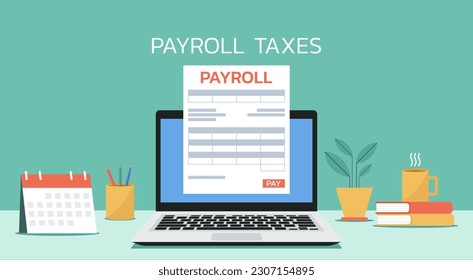 online payroll taxes payment concept on laptop screen with electronic receipt or financial transaction, flat vector illustration