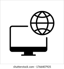 Online. PC. Remote job, home office, work from home. Vector line icon. Editable illustration. Pictogram.