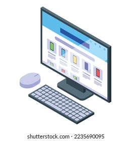 Icono de tienda de pc en línea vector isométrico. Teléfono móvil residencial. Dispositivo de pantalla