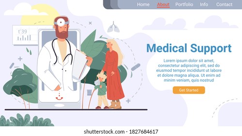 Online Pediatrician Medical Support Landing Page. Healthcare Family Doctor Service. Mother Showing Sick Child Suffering From Runny Nose To Specialist On Mobile Phone Screen. Telemedicine For Kid