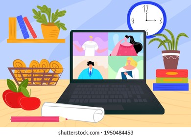 Online people communication at computer screen, internet technology, vector illustration. Business team meeting at laptop, web conference