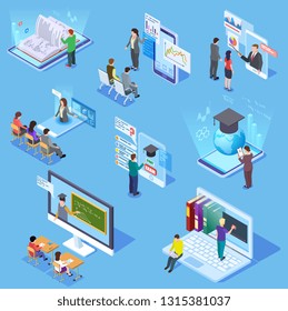 Online People Education. Virtual Classroom Library Students, Professor Teacher, Learning Training Smartphone. Education Vector Set