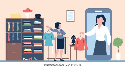 Online personal stylist. Woman consult with stylist, choose and try different clothes, make stylish outfits. Digital fashion consultant, recent vector scene