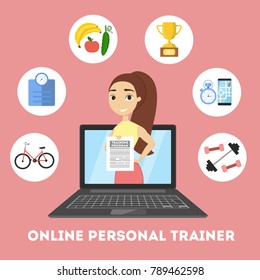 Online personal trainer with equipment on computer.