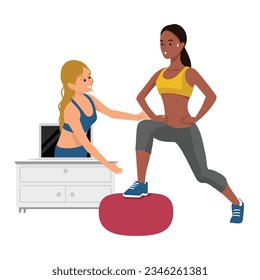 Online personal trainer helping with form. Flat vector illustration isolated on white background