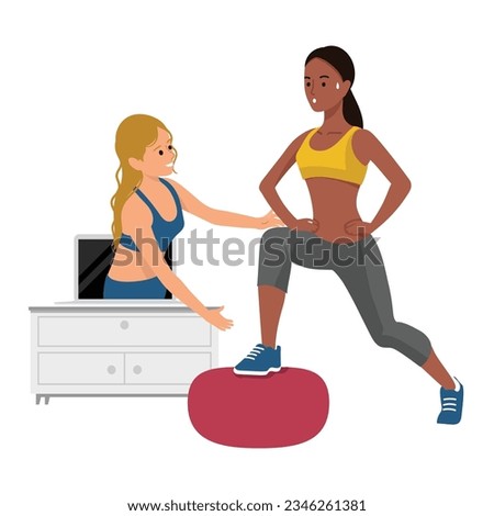 Online personal trainer helping with form. Flat vector illustration isolated on white background