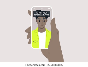 An online personality test presented as a social media face filter, floating above the character's forehead