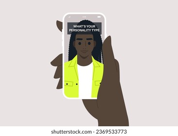 An online personality test presented as a social media face filter, floating above the character's forehead