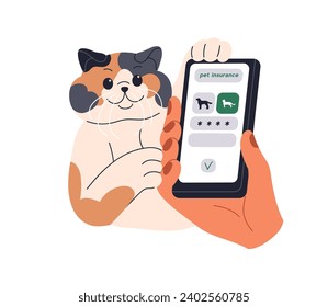 Online pet insurance concept. Happy cute insured cat. Kitty owner with mobile phone for feline animal health and life protection, safety. Flat vector illustration isolated on white background