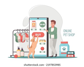 Composición de caricatura de tienda de mascotas en línea con botón de presión de perro comprar en pantalla grande de smartphone ilustración vectorial plana