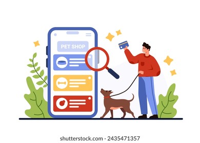 Online pet shop mobile app. Tiny man holding dog on leash and credit card to buy pet supplies, search with magnifying glass for puppy food and treat category on screen cartoon vector illustration