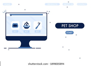 Online pet shop website template. Computer with store.Ordering goods and food for domestic animals from home.Finding groomer through internet.Tools for fur and nails care.Vector in flat style