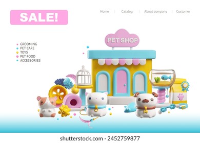 Online pet store banner in cute cartoon style. 3D vector illustration of toys, accessories and food for pets. Ideal for headers and website templates.