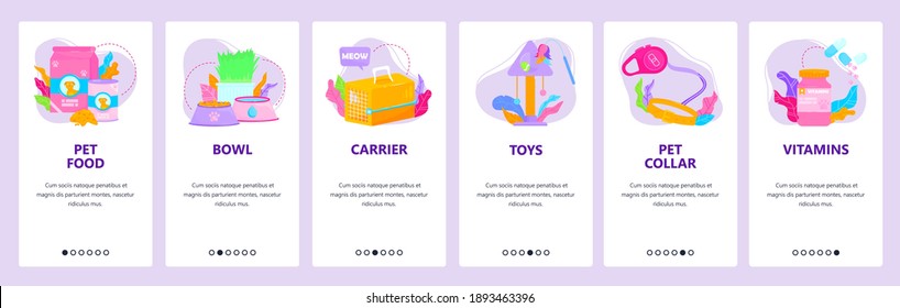 Online pet store. Pet food and supplies. Bowl, carrier, toys, collar, vitamins. Mobile app onboarding screens. Vector banner template for website and mobile development. Web site design illustration.