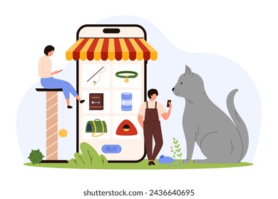 Online pet store, mobile app in phone with awning. Tiny people buy food, toys and care items for giant cat, select with click purchase category on smartphone screen cartoon vector illustration