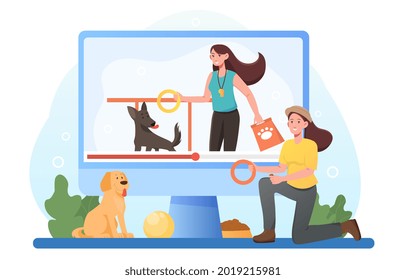 Online pet training mentor. Educational video course. Woman give dog treat for successful dog commands performance. Flat illustration cartoon vector concept design. Isolated on white background.