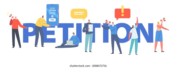 Online Petition Concept. Characters with Smartphones and Megaphones. Collective Public Appeal Service. Signing and Spreading Document, Poster, Banner or Flyer. Cartoon People Vector Illustration