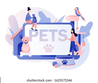 Online pets care services. Pet shop. Tiny people and Pet hotel, daycare, veterinary service. Modern flat cartoon style. Vector illustration on white background