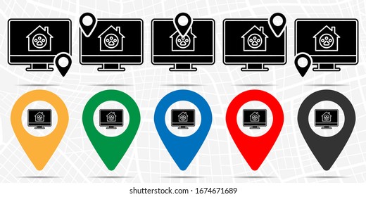 Online, pets, home, monitor icon in location set. Simple glyph, flat illustration element of petshop theme icons
