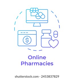 Icono de concepto de gradiente azul de farmacias en línea. Sistema EHR. Electrónica historial médico. Software de farmacia. Ilustración de línea de forma redonda. Abstractas idea. Diseño gráfico. Fácil de usar en infografía, artículo