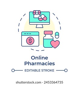 Online pharmacies multi color concept icon. EHR system. Electronic health record. Pharmacy software. Round shape line illustration. Abstract idea. Graphic design. Easy to use in infographic, article