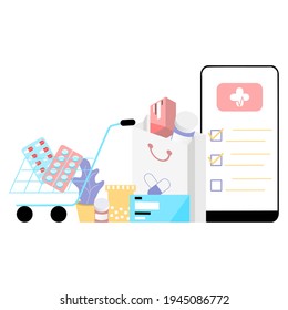 Online pharmacy app concept of healthcare, drugstore and e-commerce. Vector of prescription drugs, first aid kit and medical supplies being sold online via web or smartphone application technology.