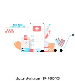 Online pharmacy app concept of healthcare, drugstore and e-commerce. Vector of prescription drugs, first aid kit and medical supplies being sold online via web or smartphone application technology.