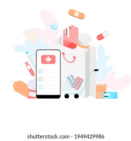 Online pharmacy app concept of healthcare, drugstore and e-commerce. Vector of prescription drugs, first aid kit and medical supplies being sold online via web or smartphone application technology.