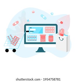Online pharmacy app concept of healthcare, drugstore and e-commerce. Vector illustration of prescription drugs, first aid kit and medical supplies being sold online via web or computer technology.