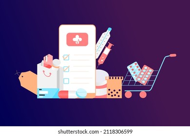 Online pharmacy app concept of healthcare, drugstore and e-commerce. Vector illustration of prescription drugs, first aid kit and medical supplies being sold online via web or computer technology.	