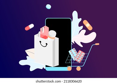 Online pharmacy app concept of healthcare, drugstore and e-commerce. Vector illustration of prescription drugs, first aid kit and medical supplies being sold online via web or computer technology.	