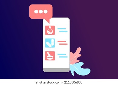 Online pharmacy app concept of healthcare, drugstore and e-commerce. Vector illustration of prescription drugs, first aid kit and medical supplies being sold online via web or computer technology.	