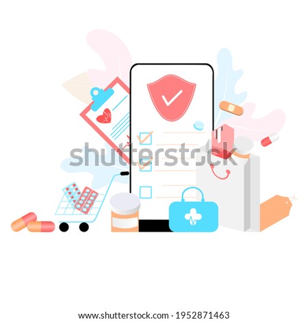 Online pharmacy app concept of healthcare, drugstore and e-commerce. Vector of prescription drugs, first aid kit and medical supplies being sold online via web or smartphone application technology.