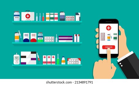 Online Pharmacy In App. Delivery Of Medicine From Medical Shop. Hand Holding Mobile Phone With Order In Drugstore. Application For Health. Icon For Pharmaceutical Prescription In Smartphone. Vector.