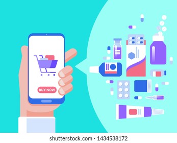 Online pharmacy application concept. Hand of a person buying the pills online with the smartphone. Vector illustration. 