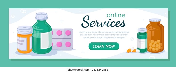 Online pharmacy banner concept. Glass bottles with syrups and medicines. Blister with pills. Poster or cover for website. Cartoon flat vector illustration isolated on green background