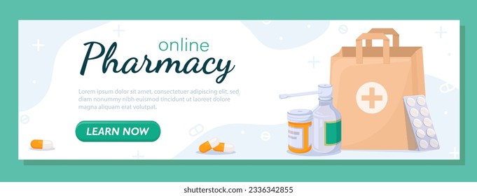 Online Apotheke Banner Konzept. Packung mit Tabletten und Sirup. Gesundheitsversorgung und Behandlung, Diagnose. Drogen und Medikamente. Cartoon-FlachVektorgrafik einzeln auf grünem Hintergrund