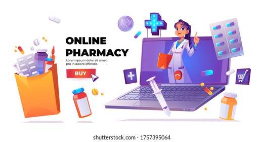 Online pharmacy banner. Online drugstore service. Vector cartoon banner with woman doctor or pharmacist on laptop screen, drugs, pills and buy button on white background
