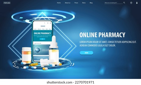 Online pharmacy, banner with hologram of podium with smartphone and medications in blue scene with neon rhombus frames and hologram of digital rings