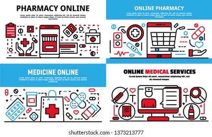 Online pharmacy banner set. Outline set of online pharmacy vector banner for web design