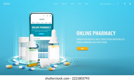 Online pharmacy, banner with smartphone and medications on blue portal made of digital rings in blue empty scene