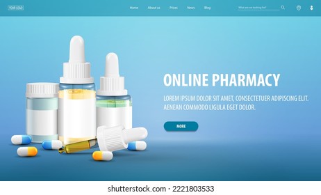 Online pharmacy, banner for website with medications and interface elements