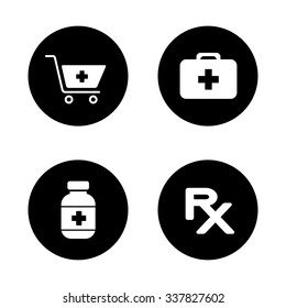 Online pharmacy black icons set. Drugstore shopping cart symbol with cross, medical chest, medicine pills box, prescription rx sign. Firs aid kit white silhouettes illustration. Logo concepts. Vector